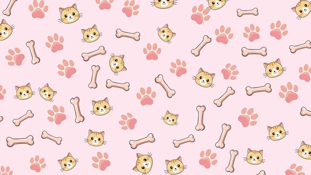 Cute, whimsical pattern of cartoon cat bones and pink paw prints, ideal for pet products, children's designs, or animal-themed projects.