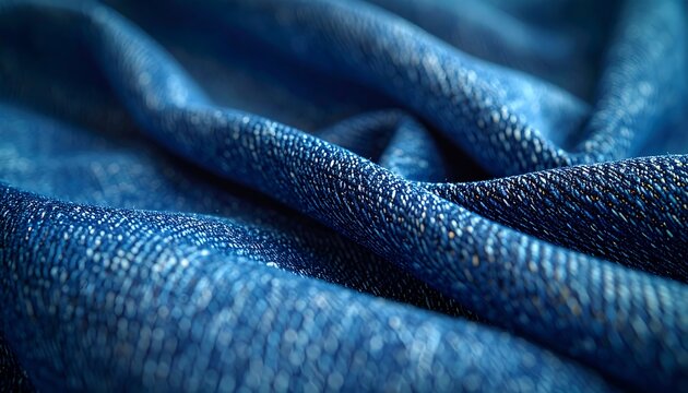 Close-up of undulating blue fabric, showcasing texture and depth. Soft lighting reveals intricate details of the material's weave