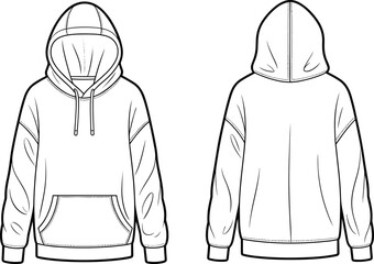 Technical flat hoodie front and back view with kangaroo pocket, drawstring hood, long sleeves, detailed apparel cad fashion vector