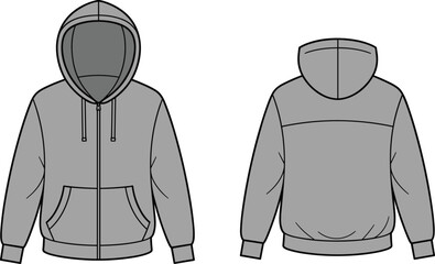 Zip front hoodie technical flat, detailed garment cad drawing with hood and pockets, fashion vector template, front and back sweatshirt design