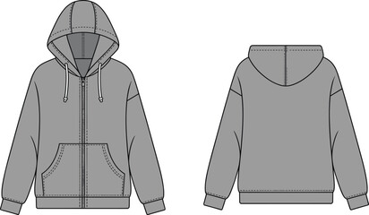 Zip up hoodie technical flat, detailed front and back garment cad drawing, vector fashion template with zipper, hood, pockets, sweatshirt design