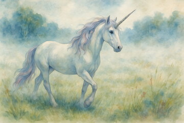 Majestic white unicorn standing in a misty meadow, symbol of purity and magic.