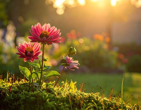 Close-up of vibrant pink flowers, bathed in warm sunlight, with a lush green backdrop. The scene evokes peace - Powered by Adobe