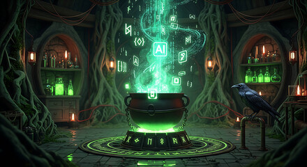 Altar of mystical energy radiating green light in a dark chamber with ancient artifacts