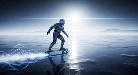 Astronaut on hoverboard with bright light behind him
