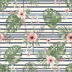 Watercolor floral pattern of hand-painted wildflowers and sprawling leaves tied with a sheer ribbon on a bright white silk background, created for wallpaper and fabric, illuminated with diffused	