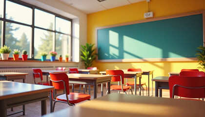 Bright empty classroom with green chalkboard
