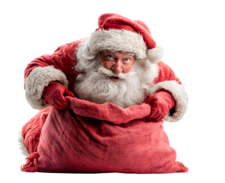 Santa Claus open red bag full, isolated on white background. File contains a path to isolation.