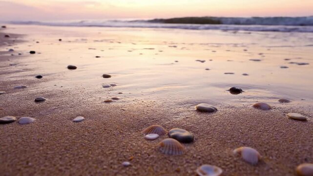 Subtle movements of small, natural beach elements like iridescent seashells or intricate sand patterns, revealed by the ebb and flow of the tide. Stationary shot, allowing the natural elements to?