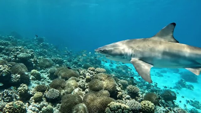 Dynamic close up of a shark's eye and textured skin, capturing the intricate details of its natural form and the raw essence of its existence underwater.