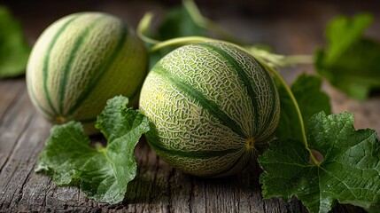 Fresh and vibrant cantaloupe melons with leaves on a rustic wooden surface