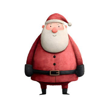 Dibujo en acuarela de un adorable Pap&aacute; Noel de pie, con su traje t&iacute;pico rojo y guantes negros, sobre fondo blanco mirando a camara