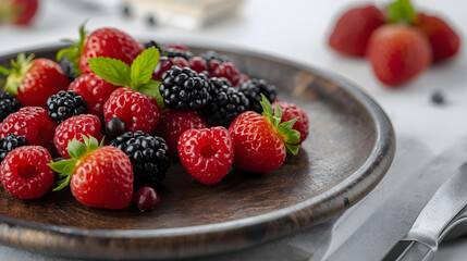 Fresh Mixed Berries on a Rustic Wooden Plate for Healthy Eating Background