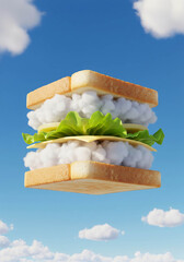 Sandwich floating in the sky with clouds