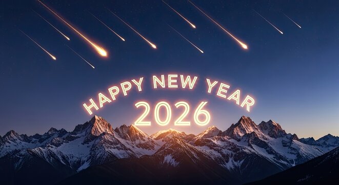 Happy New Year 2026 Mountain Fireworks