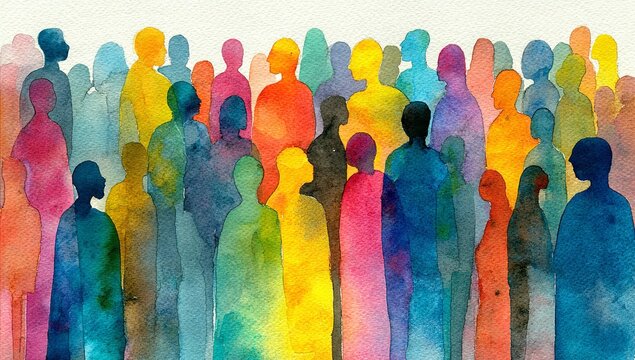 Vibrant watercolor crowd celebrates diversity and unity, perfect for inclusive marketing campaigns and promoting teamwork and collaboration initiatives