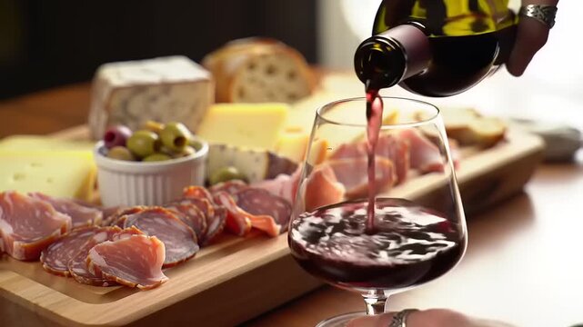 Pouring a glass of rich red wine to accompany a delicious gourmet charcuterie board with assorted meats and cheeses