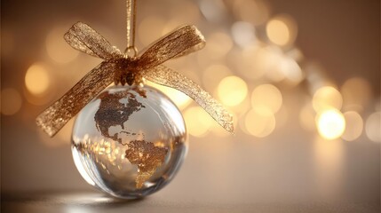 Festive christmas ornament reflecting globe and warm bokeh lights creating a magical holiday atmosphere