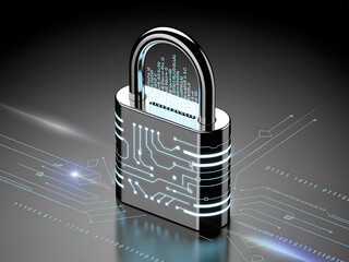 Digital padlock with circuit board design symbolizing cybersecurity and data protection