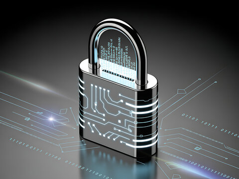 Digital padlock with circuit board design symbolizing cybersecurity and data protection