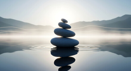 Zen stones stacked on water with mountain mist
