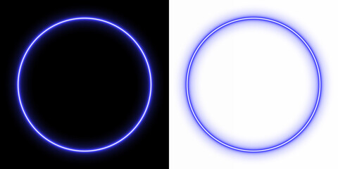 Glowing blue neon circle on black and transparent background, vibrant luminous ring design, futuristic minimal light art