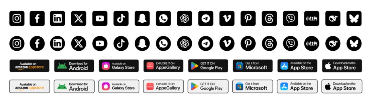 Social Media & App Store Icons Set &ndash; Black UI Buttons Collection for Web and Mobile Design
Download Badge and Social Network Icons for Instagram, Facebook, LinkedIn, YouTube, and More