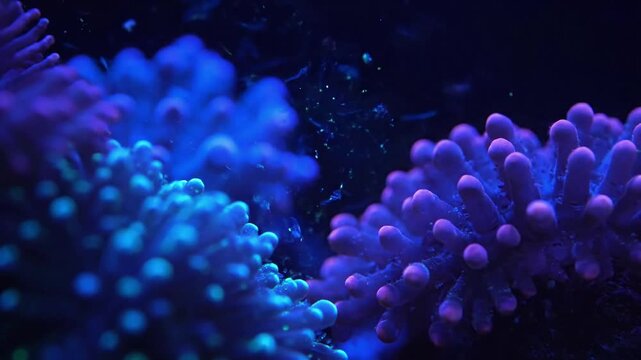 Witness the intricate patterns and textures formed by glowing coral like structures and otherworldly aquatic life, bathed in an iridescent, otherworldly glow.