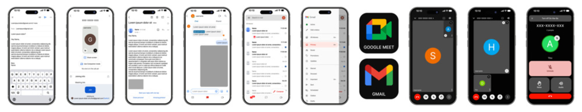Google Meet & Gmail App UI Mockup &ndash; Communication and Email Interface Design
Google Workspace Mobile UI in Light and Dark Mode for iPhone Presentation