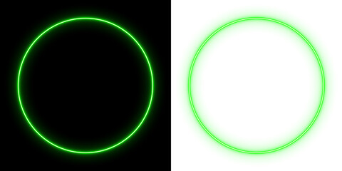 Glowing green neon circle on black and transparent background, vibrant luminous ring design, futuristic minimal light art