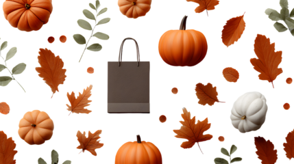 Decorative autumn-themed elements featuring pumpkins, leaves, and shopping bags on a white background in a playful arrangement