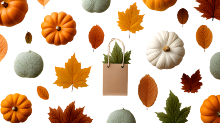 Decorative autumn-themed elements featuring pumpkins, leaves, and shopping bags on a white background in a playful arrangement