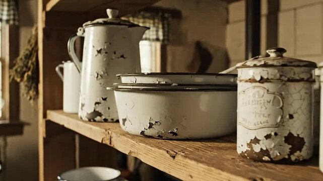 Rustic kitchenware displayed on wooden shelves showcases vintage enamelware pots canisters and pitchers in a charming farmhouse setting