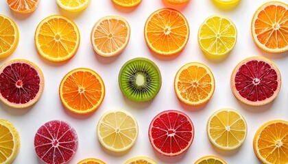 Fototapeta premium Vibrant Citrus Fruit Slices Arranged Neatly On White Background Studio Lighting Healthy Food Pattern