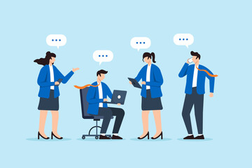 Flat illustration of business people using smartphone laptop and tablet while talking texting and chatting to represent modern digital communication