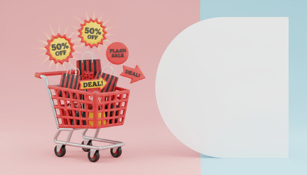 Black friday sale shopping banner with red cart and deal vibes
