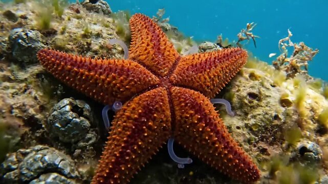 Abstract perspective of a starfish's symmetrical form, partially buried in glistening sand or silhouetted against dappled sunlight through clear water.
