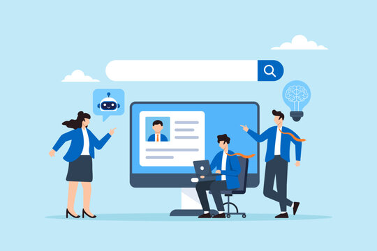 Flat illustration of office workers exploring online information using AI generative tools with search bar for internet browsing and SEO optimization