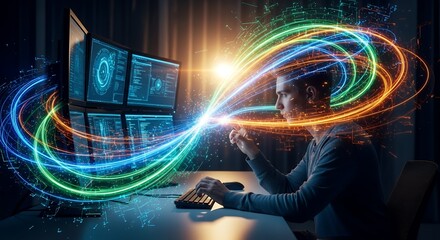 Digital artist generating code from imagination, colorful light trails around