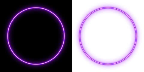 Glowing purple neon circle on black and transparent background, vibrant luminous ring design, futuristic minimal light art