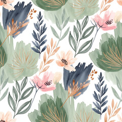 Watercolor floral pattern of hand-painted wildflowers and sprawling leaves tied with a sheer ribbon on a bright white silk background, created for wallpaper and fabric, illuminated with diffused	