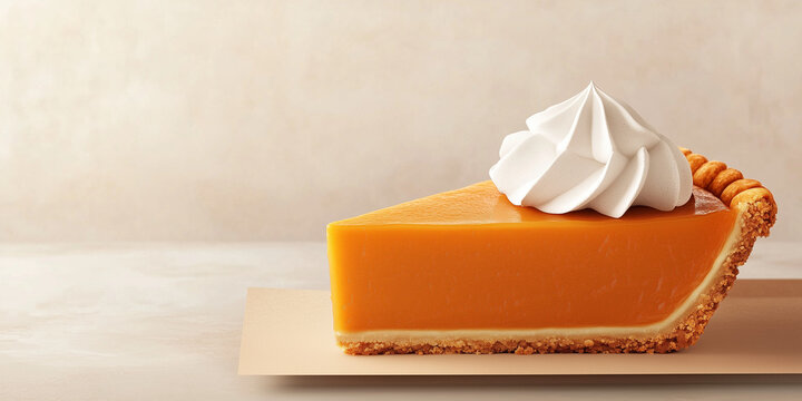 Slice of pumpkin pie with whipped cream on neutral background   - Powered by Adobe