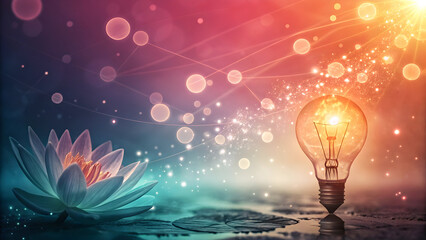 Illuminated lotus flower meets glowing lightbulb in mystical water