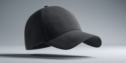 Black baseball cap floating on grey background in modern style  