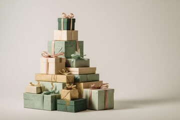 Tall christmas tree shape stack of wrapped gifts with ribbons and bows on a light background