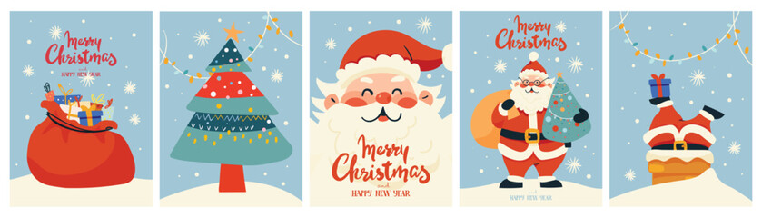 A set of vintage illustrations of Santa Claus, a Christmas tree, a sack of gifts, Santa by the chimney. Merry Christmas flat cartoon vector cards. Winter holidays. © Salomi art