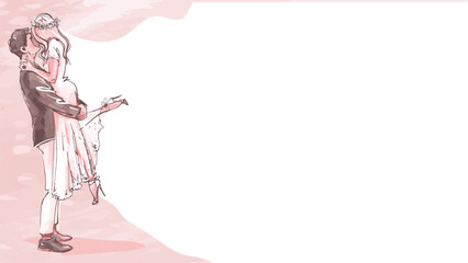 A bride and groom hug and kiss on a pink wedding illustration with space for text. Vector romantic hand-drawn illustration of a couple on a white background. Concept of love and marriage.