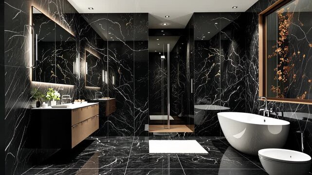 Luxurious Modern Bathroom with Black Marble Walls, Elegant Fixtures, and Freestanding Tub in Contemporary Interior Design