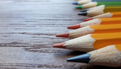 Colored pencils arranged on a wooden surface art supplies