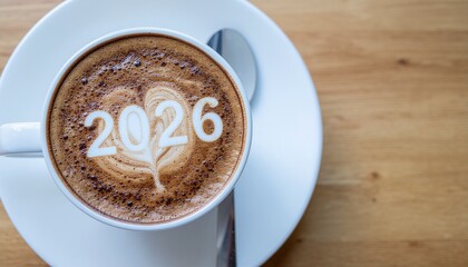 Coffee cup with 2026 latte art on wooden table new year